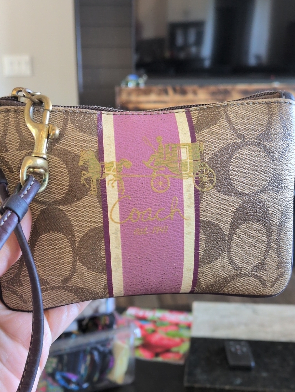 Coach Brown Signature Canvas Wristlet with Pink Stripe - Picture 1 of 7